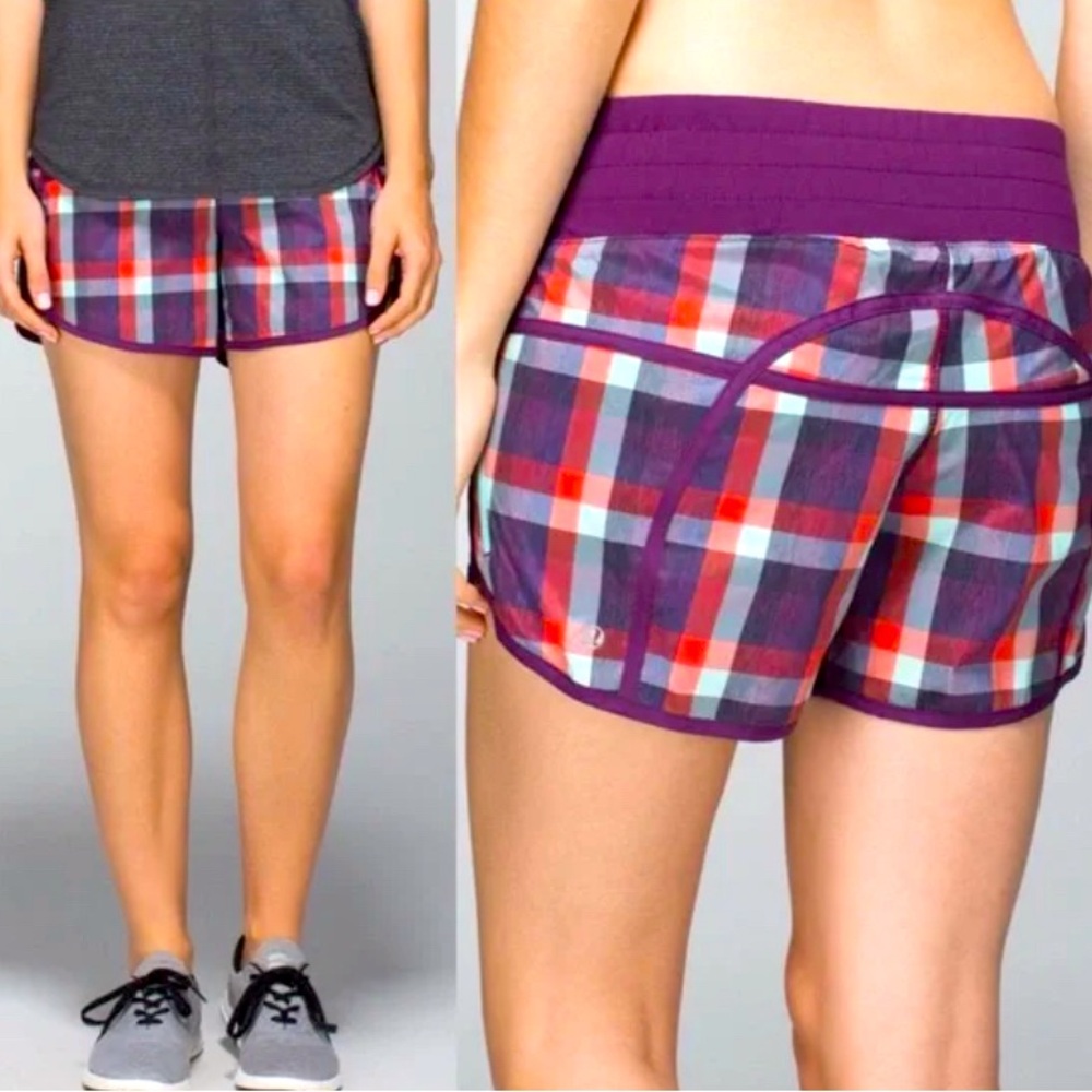 lululemon running shorts purple orange mint plaid